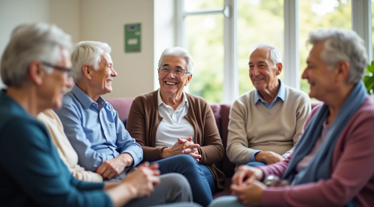 Vijf oudere bewoners zitten samen aan een tafel in een wijkcentrum