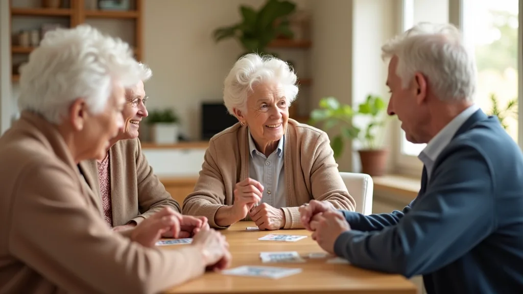 Drie oudere bewoners in gesprek tijdens een bijeenkomst