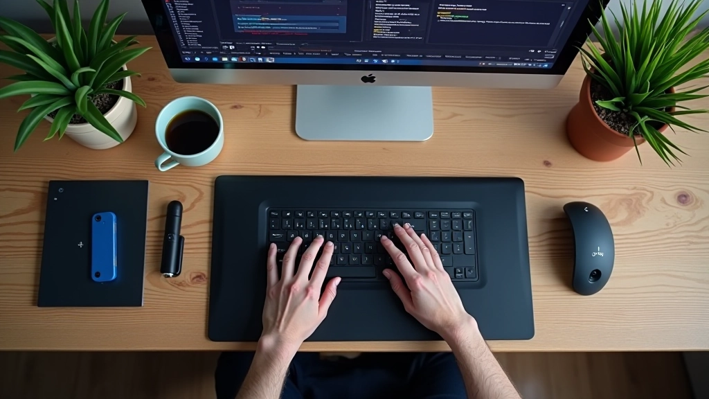 Ambiente de trabalho criativo com tablet gráfico, teclado especializado e monitor exibindo software de edição