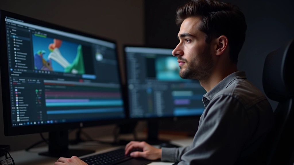 Designer trabalhando em estúdio com monitor duplo, mostrando interface de software de motion design em primeira tela, iluminação profissional, foco nítido