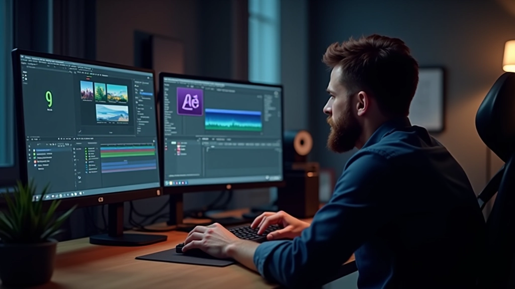 Designer trabalhando em projeto motion no After Effects em estúdio moderno
